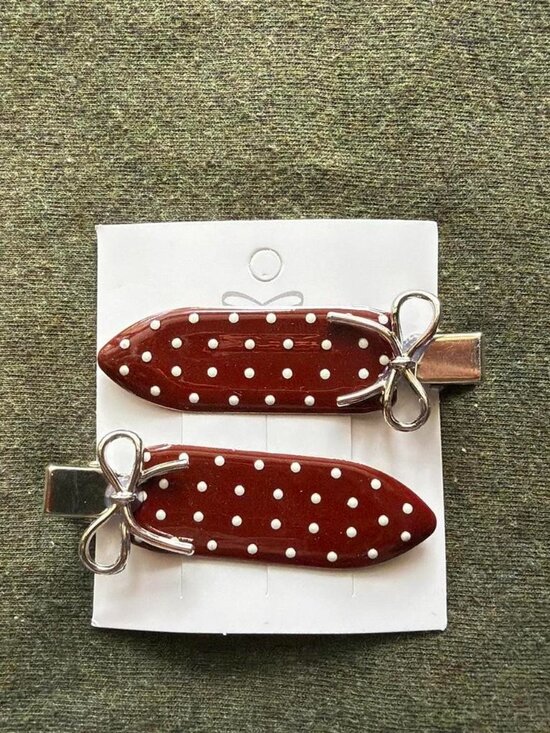 Brown Polka Dot Hair Clips | Used Cute Silver Bow Accent Alligator Barrettes